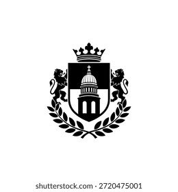 Uma crista heráldica sofisticada com um edifício capitólio, flanqueado por dois leões, e coberto com uma coroa, todos cercados por uma coroa de louros.