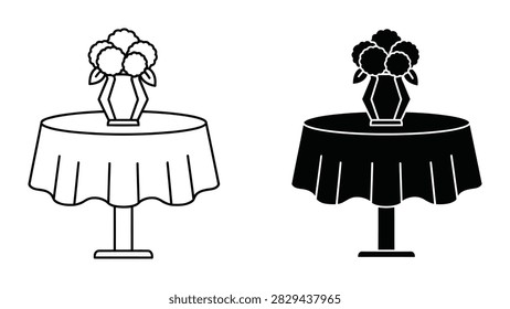 Sophisticated icon featuring a round table draped with a tablecloth and topped with a floral arrangement. Perfect for event planning luxury dining weddings and hospitality branding.