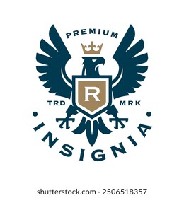 Sophisticated insignia featuring an eagle with outspread wings and a crown, symbolizing prestige and authority. Ideal for premium branding and logo design.