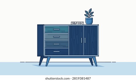Sophisticated interior decor graphic featuring storage unit and potted plant.