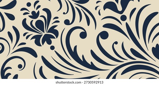 Ein anspruchsvolles und aufwändiges Damast-Muster mit stilisierten Blumenmotiven, wirbelnden Ranken und zarten Blättern, die ein klassisches und dekoratives Design schaffen.