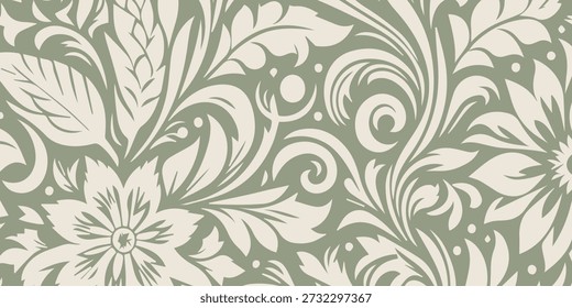 Um padrão floral sofisticado e intrincado com flores delicadas e folhas em espiral graciosamente, criando um design harmonioso e decorativo.
