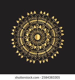 A sophisticated, intricate gold mandala design set against a dark, dramatic black background.