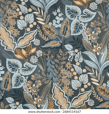  A sophisticated and intricate Jacobean-style floral pattern. Stylized leaves and flowers in muted gold, cream, and soft blue are densely woven on a dark teal-grey background, creating a timeless, orn
