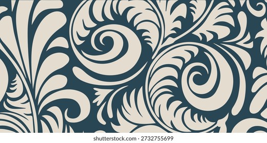 Un patrón sofisticado e intrincado con elegantes remolinos florales y motivos de hojas en una armoniosa paleta de colores azul y crema, ideal para fines decorativos.