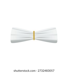 A sophisticated isolated vector illustration featuring a pleated white fabric bow, elegantly cinched in the center by a lustrous golden ring. This pristine decorative element conveys luxury, formality, and a classic aesthetic. Ideal for use in fashion designs, wedding invitations, event decor, branding, or as a refined graphic accent for various projects requiring a touch of class and timeless style.