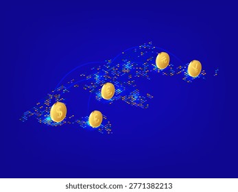 A sophisticated isometric vector illustration of a global financial network. The world map is beautifully rendered using a digital dot pattern on a deep blue background. Interconnected glowing arcs link major financial hubs across the continents, where 3D isometric gold coins representing major world currencies are placed. This concept visualizes international trade, real-time currency exchange, and the seamless flow of money in the digital economy. Ideal for fintech websites, investment banking presentations, and global business reports.