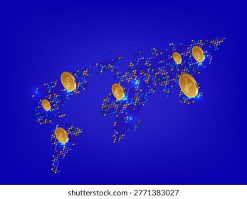 A sophisticated isometric vector illustration of a global financial network. The world map is beautifully rendered using a digital dot pattern on a deep blue background. Interconnected glowing arcs link major financial hubs across the continents, where 3D isometric gold coins representing major world currencies are placed. This concept visualizes international trade, real-time currency exchange, and the seamless flow of money in the digital economy. Ideal for fintech websites, investment banking presentations, and global business reports.