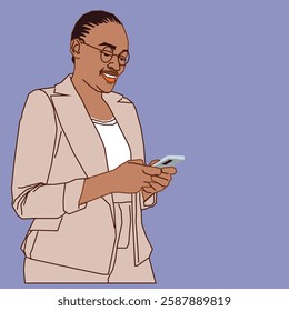 A sophisticated lady in a cream suit attentively reading her emails on her smartphone with a focused expression.