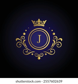 Sophisticated letter J logo with golden crown swirls and blue background for exclusive brand identity