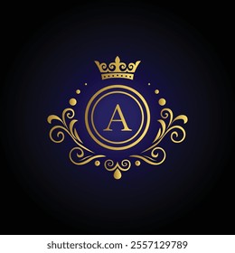 Sophisticated letter A logo with golden crown swirls and blue background for exclusive brand identity