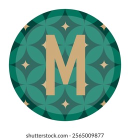 Sophisticated letter M badge with a rich green and gold floral-inspired pattern. This premium design is ideal for luxury branding, decorative projects, or any artwork needing a refined and polished 