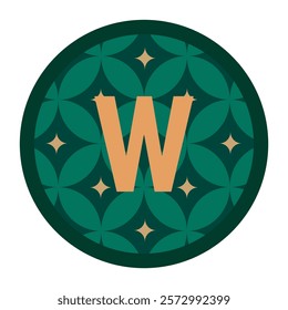 Sophisticated letter w graphic featuring vibrant green floral motifs with golden accents