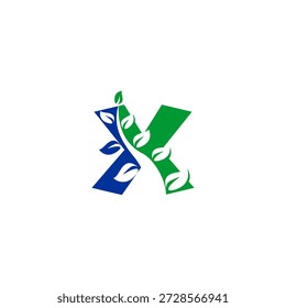 Eleganter Buchstabe X Logo mit einem eleganten Baum mit zarten Blättern. Premium-Vektor für Bio-Hautpflege, Luxus-Spa, Wellness-Zentren und botanische Markenidentität.