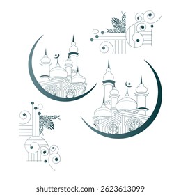 A sophisticated, line art illustration of an Islamic mosque design, nestled within stylized crescent moons.