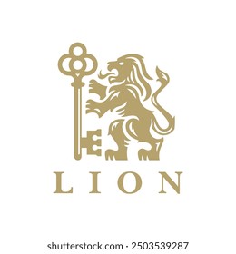 Sophisticated lion and key emblem in a gold color scheme. Ideal for logos, branding, and regal-themed designs, symbolizing power and security.