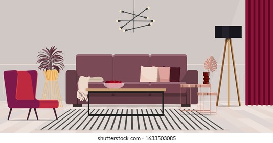 Sophisticated living room interior with striped carpet and burgundy sofa.