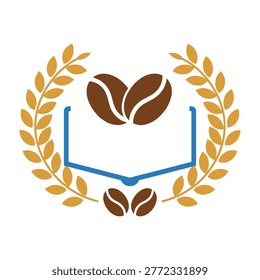 A sophisticated logo concept combining an open book with roasted coffee beans framed by a golden laurel wreath, perfect for cafes, bookstores, or literary coffee shops.