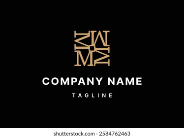 A sophisticated logo design featuring a stylized monogram of the letter M, arranged in a geometric pattern. The golden emblem against a black background exudes elegance and luxury.