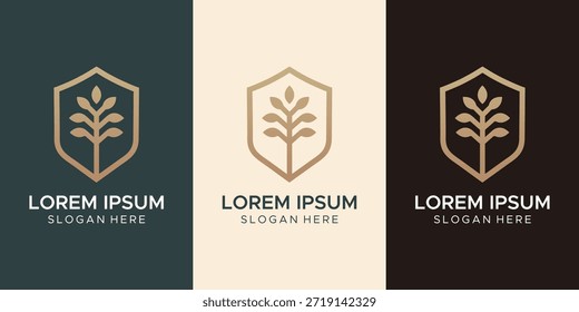 Design de logotipo sofisticado com um estilizado ramo de folha ou haste de trigo fechado dentro de uma silhueta de escudo clássico. Este emblema "Escudo da Natureza" combina símbolos de proteção e crescimento, tornando-se uma excelente escolha para empresas de segurança orgânica, marcas de medicamentos à base de plantas, agricultura sustentável e centros de bem-estar premium. Apresentado em um gradiente dourado de luxo em três variações profissionais de fundo: verde florestal, creme e preto carvão.