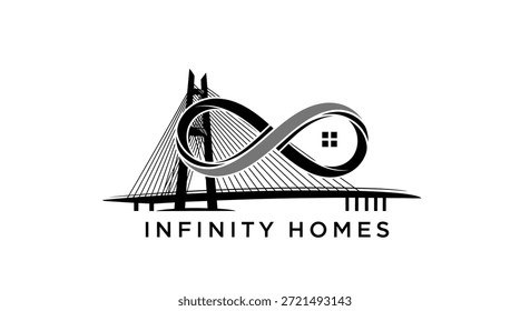 Um design de logotipo sofisticado para Infinity Homes, apresentando uma silhueta estilizada de ponte perfeitamente integrada com o símbolo do infinito. A adição de uma pequena casa dentro do loop infinito