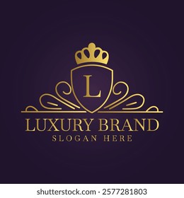 A sophisticated logo design showcasing a golden shield with a crown, ornate decorative elements, and elegant typography on a dark purple background. Perfect for premium branding, luxury products