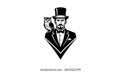 Sophisticated logo featuring man in formal attire and wise owl.
