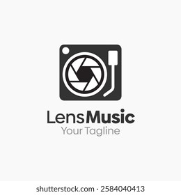 A sophisticated logo merging a camera lens aperture with a musical note, symbolizing the creative harmony between visual media and sound. The dark background with clean monochrome tones adds a premium cinematic feel. Ideal for music video production studios, media agencies, audio-visual brands, content creators, and entertainment startups.
