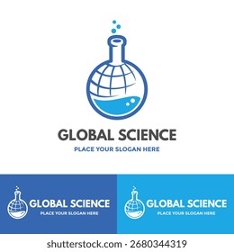 Ein anspruchsvolles Logo, das eine Weltkugel mit einem Laborkolben verbindet und als Symbol für globale Wissenschaft, Forschung und Innovation im Umweltbereich dient. Perfekt für internationale Forschungseinrichtungen oder umweltfreundlich