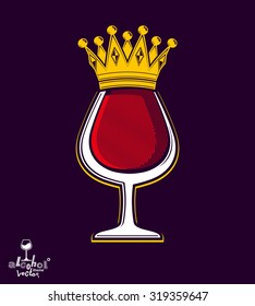 Sophisticated luxury wineglass with golden imperial crown. Leisure and lifestyle theme vector goblet. Rendezvous conceptual illustration.