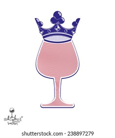 Sophisticated luxury wineglass with king crown, graphic artistic vector goblet. Full glass of wine vector illustration. Party creative object.