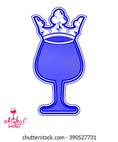 Sophisticated luxury wineglass with king crown, artistic vector goblet. Full glass of red wine vector illustration, best for use in graphic design.