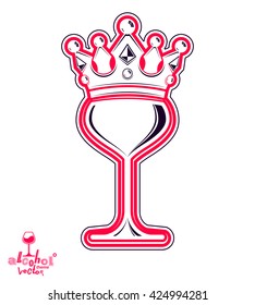 Sophisticated luxury wineglass with king crown, artistic vector goblet. Full glass of red wine vector illustration, best for use in graphic design.