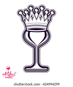 Sophisticated luxury wineglass with king crown, artistic vector goblet. Full glass of red wine vector illustration, best for use in graphic design.