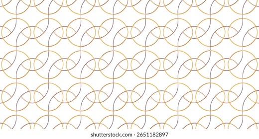 Um design geométrico sofisticado e minimalista com um padrão repetitivo de círculos finos e entrelaçados em tons dourados quentes e roxos silenciosos contra um fundo branco nítido.