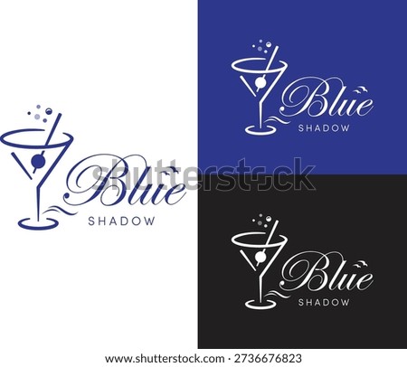 A sophisticated and minimalist logo featuring a stylized martini glass with a blue gradient. The design combines elegant script font for "Blue" and a modern sans-serif for "SHADOW." Ideal for cocktail lounges, luxury bars, nightlife brands, beverage companies, and beach clubs. Vector illustration on a white background.