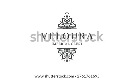 A sophisticated and minimalist logo featuring the text 'VELOURA IMPERIAL CREST' with ornate decorative flourishes above and below.