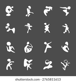 A sophisticated minimalist vector art collection artboard displayed within a dark grey design application interface. The dark grey artboard itself serves as the background for a precise 4x4 grid of 16 unique abstract kinetic icons, each depicting complex poses of dancers, acrobats, and divers. Each icon is rendered in a detailed, premium white vector style, with complex, internalized white line-art matrix and intricate filigree patterns filling the shape, enhancing its detail and density against the dark grey. 'Artboard1' text in white is at the top-left.