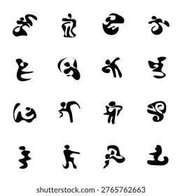 A sophisticated minimalist vector illustration featuring a comprehensive collection of 16 unique organic solid icons on a white background. Designed with high precision for modern branding, logo creation, and minimalist graphic projects.