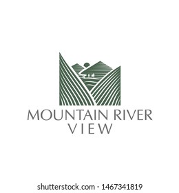 A sophisticated and minimalist vector logo featuring a majestic mountain range and a flowing river integrated into a modern linear style. The design uses clean, parallel lines in a deep forest green color, symbolizing tranquility, luxury, and a connection with nature. This professional emblem is perfectly suited for luxury real estate, mountain resorts, environmental organizations, architectural firms, and high-end travel agencies seeking a serene and prestigious visual identity.