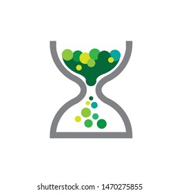 A sophisticated and minimalist vector logo featuring a stylized hourglass filled with vibrant green liquid bubbles or particles. The design uses clean grey outlines and a fresh green-yellow color palette, symbolizing the intersection of time, biotechnology, and digital innovation. This professional emblem is ideal for life science startups, eco-tech companies, laboratory research centers, environmental consulting, and time-management applications focusing on sustainable growth.
