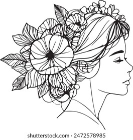 Sophisticated, minimalistic picture, bohe style, soft black lines on a white backdrop, youthful, attractive lady with flowers in her hair. Opulent style, contemporary illustration, coloring page