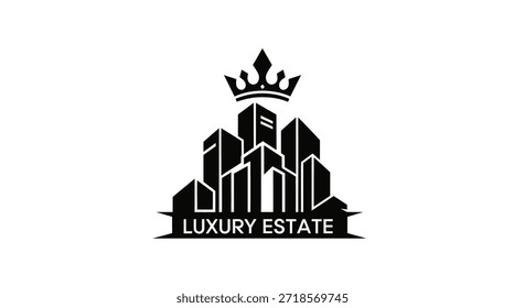 Um design de logotipo sofisticado e moderno com um horizonte de edifícios coberto com uma coroa, simbolizando imóveis de luxo, ideal para empresas focadas em propriedades e desenvolvimento high-end