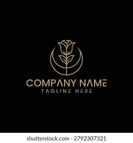 A sophisticated and modern logo design featuring a minimalist rose flower centered within a crescent moon, rendered in elegant gold line art against a solid black background, suitable for luxury, beau