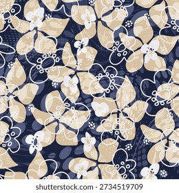 A sophisticated and modern seamless floral pattern featuring large beige and tan blossoms with delicate white outlines. Set against a dark navy blue background, the design is enhanced with artistic grunge textures, halftone dots, and distressed painterly effects. This versatile botanical illustration is ideal for contemporary fashion textiles, bold wallpaper, creative packaging, and edgy home decor.