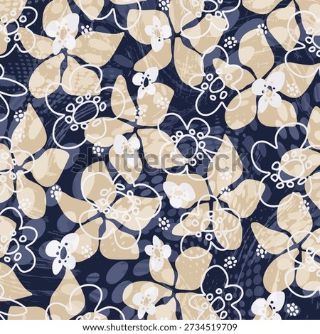 A sophisticated and modern seamless floral pattern featuring large beige and tan blossoms with delicate white outlines. Set against a dark navy blue background, the design is enhanced with artistic grunge textures, halftone dots, and distressed painterly effects. This versatile botanical illustration is ideal for contemporary fashion textiles, bold wallpaper, creative packaging, and edgy home decor.