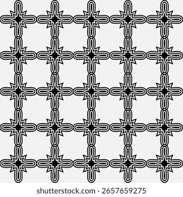 Sofisticado patrón monocromo con Elementos geométricos y ornamentales dispuestos en una baldosa perfectamente simétrica y repetible.