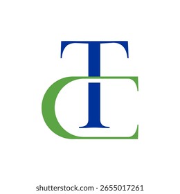 A sophisticated monogram logo featuring a prominent blue "T" intersecting with a curving green "C" or "E," symbolizing connection