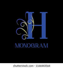 A sophisticated monogram template. A vectorized calligraphic elegant design of the logo on a black background. Sign of emblem "Great Letters" H for royalty, business cards, boutique, hotel, heraldry, 