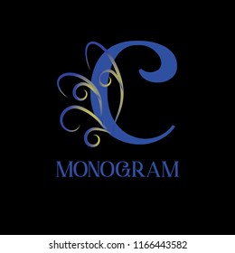 A sophisticated monogram template. A vectorized calligraphic elegant design of the logo on a black background. Sign of emblem "Great Letters" C for royalty, business cards, boutique, hotel, heraldry, 